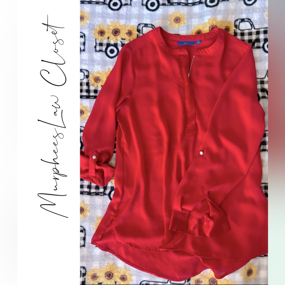 APT. 9 | Red Roll up Button Long SleeveBlouse 3/4 front Zip | M